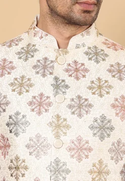 Embroidered Art Silk Nehru Jacket in Off White