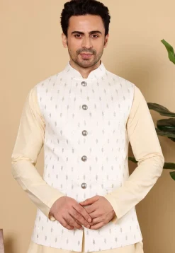Embroidered Art Silk Nehru Jacket in White