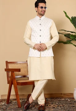 Embroidered Art Silk Nehru Jacket in White
