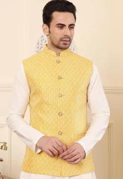 Embroidered Art Silk Nehru Jacket in Yellow