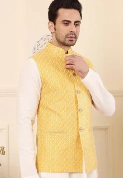 Embroidered Art Silk Nehru Jacket in Yellow