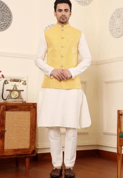 Embroidered Art Silk Nehru Jacket in Yellow