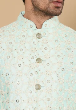 Embroidered Art Silk Nehru Jacket in Sea Green