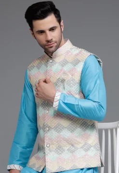 Embroidered Art Silk Nehru Jacket in Multicolor