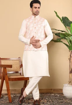 Embroidered Art Silk Nehru Jacket in Light Peach