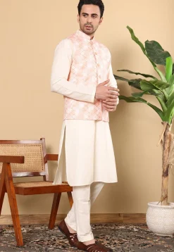 Embroidered Art Silk Nehru Jacket in Light Peach