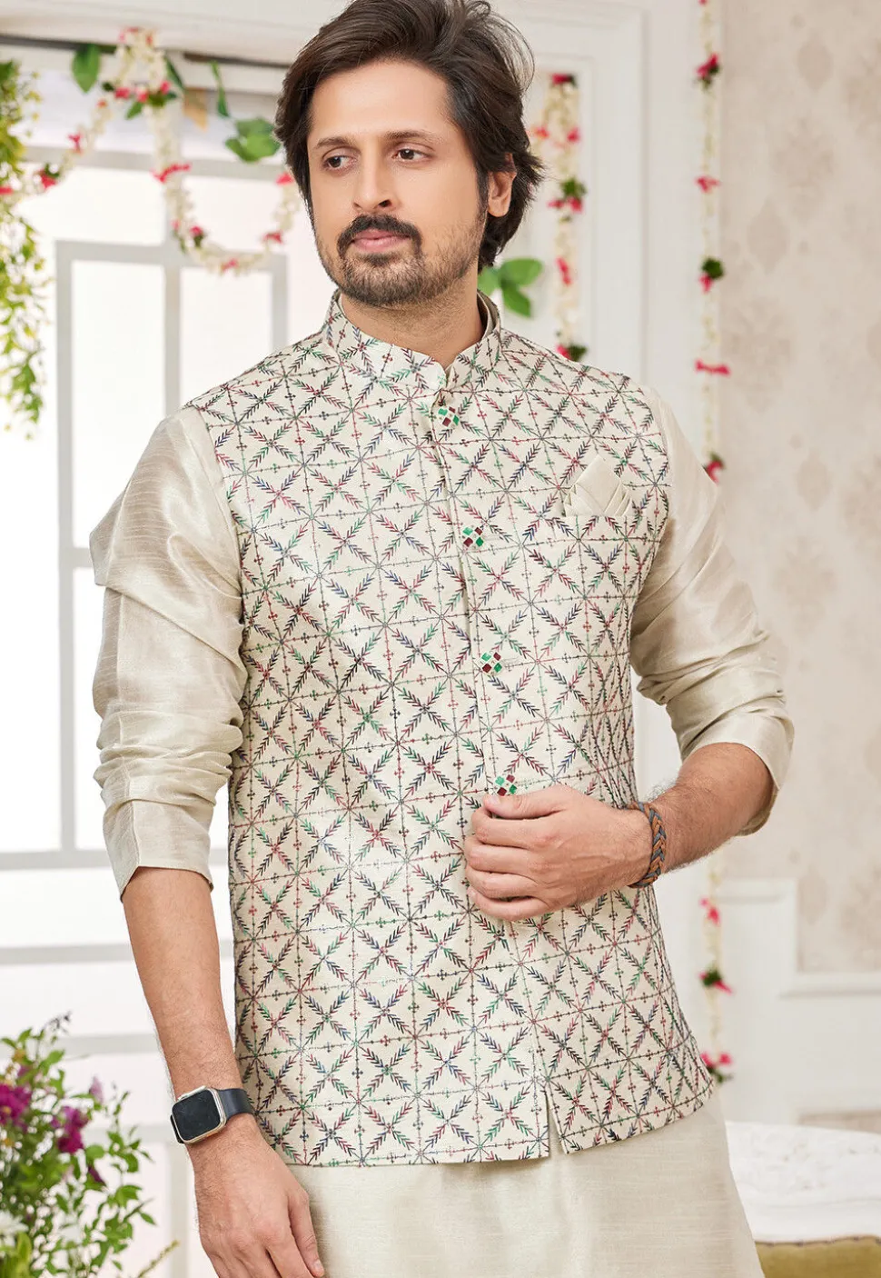 Embroidered Art Silk Nehru Jacket in Beige
