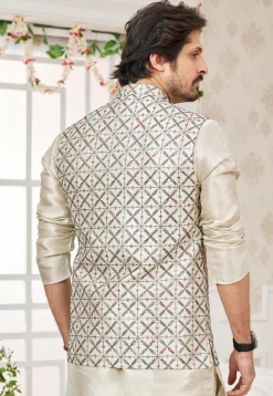 Embroidered Art Silk Nehru Jacket in Beige