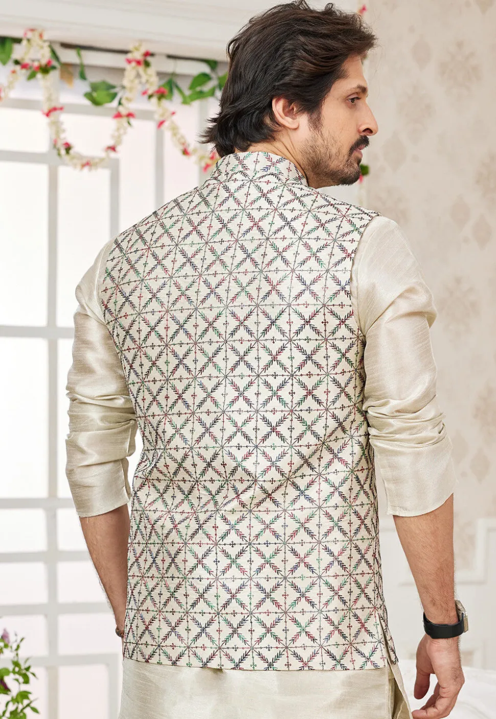 Embroidered Art Silk Nehru Jacket in Beige