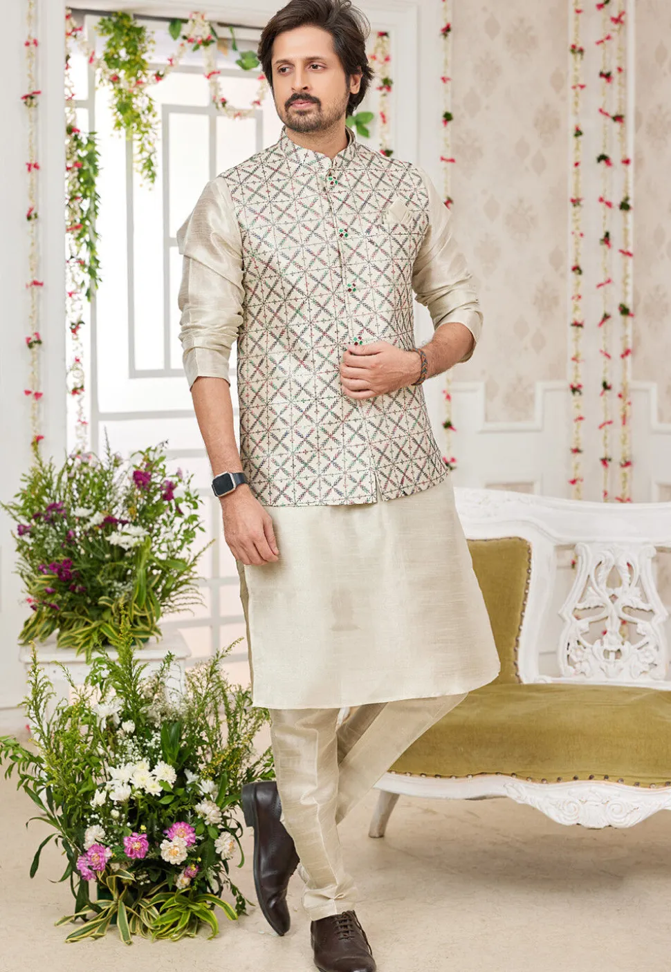 Embroidered Art Silk Nehru Jacket in Beige