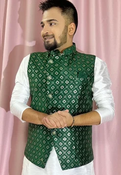 Embroidered Art Silk Nehru Jacket in Green