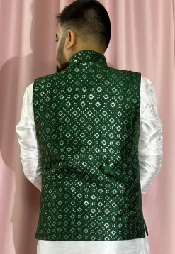 Embroidered Art Silk Nehru Jacket in Green