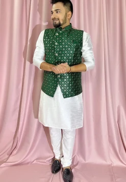 Embroidered Art Silk Nehru Jacket in Green