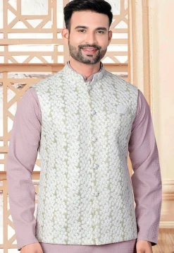 Embroidered Art Silk Nehru Jacket in Off White