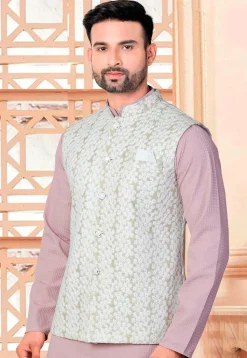 Embroidered Art Silk Nehru Jacket in Off White