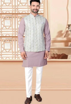 Embroidered Art Silk Nehru Jacket in Off White
