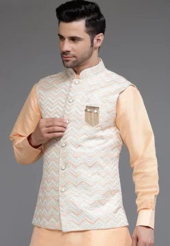 Embroidered Art Silk Nehru Jacket in Off White