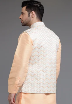 Embroidered Art Silk Nehru Jacket in Off White