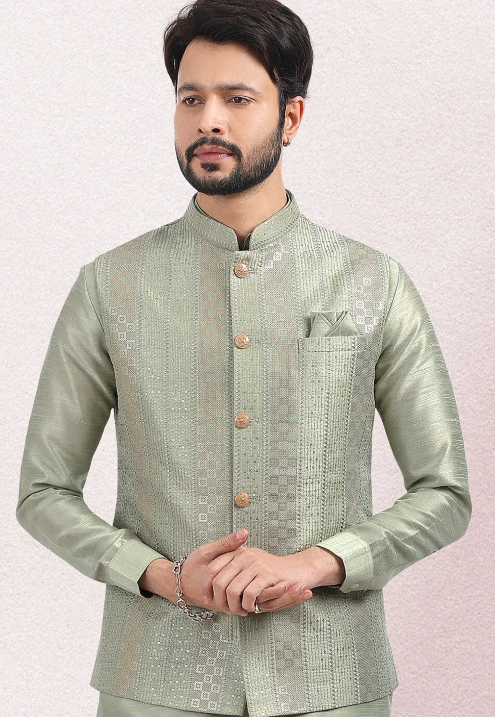 Embroidered Art Silk Nehru Jacket in Dusty Green