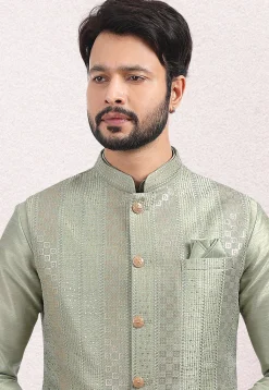 Embroidered Art Silk Nehru Jacket in Dusty Green