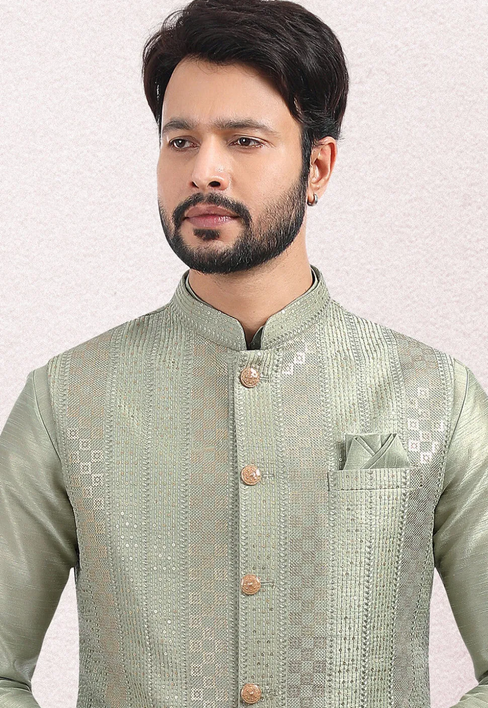 Embroidered Art Silk Nehru Jacket in Dusty Green
