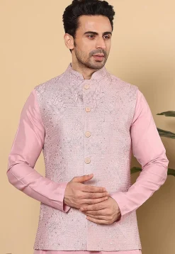 Embroidered Art Silk Nehru Jacket in Pink