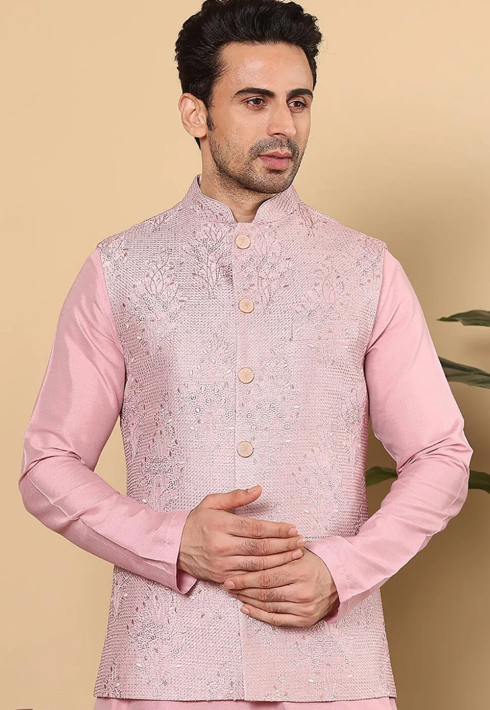 Embroidered Art Silk Nehru Jacket in Pink