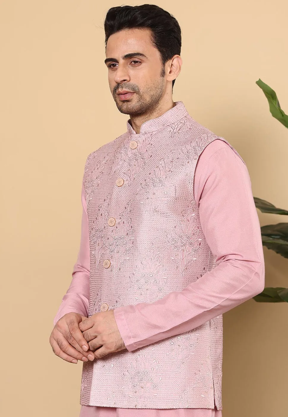 Embroidered Art Silk Nehru Jacket in Pink