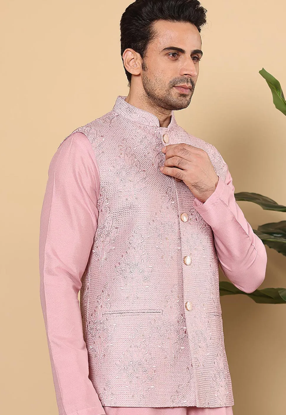 Embroidered Art Silk Nehru Jacket in Pink