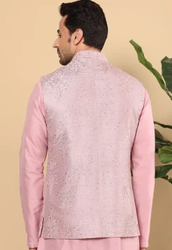 Embroidered Art Silk Nehru Jacket in Pink
