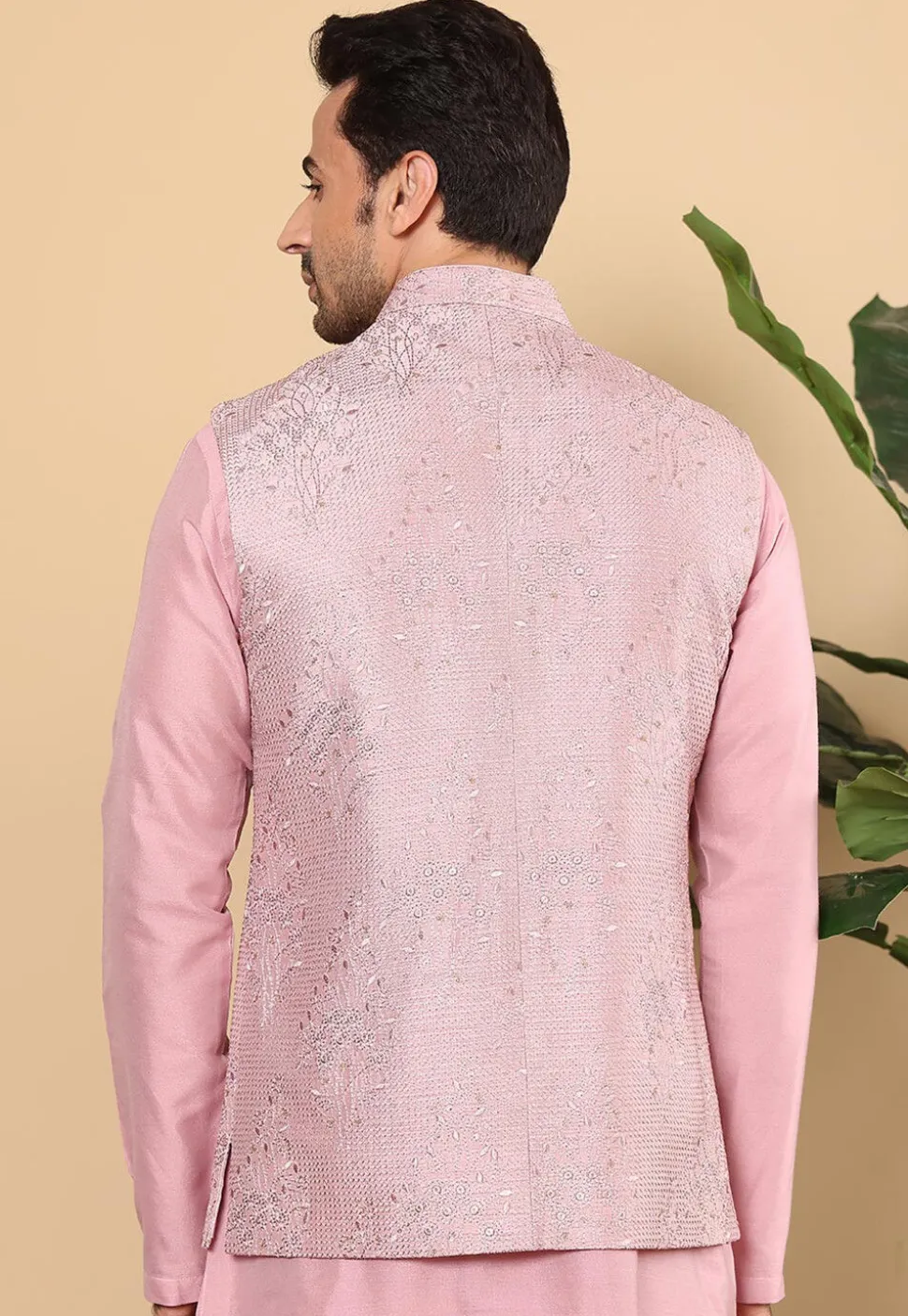 Embroidered Art Silk Nehru Jacket in Pink