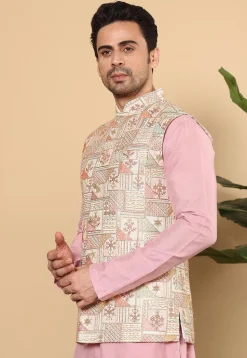 Embroidered Art Silk Nehru Jacket in Off White