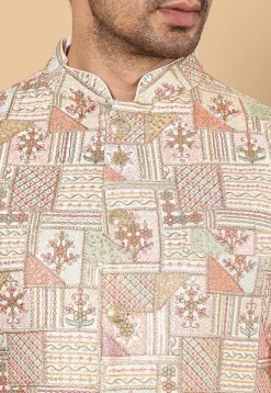 Embroidered Art Silk Nehru Jacket in Off White