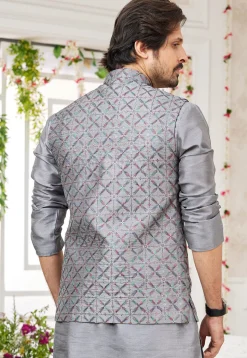 Embroidered Art Silk Nehru Jacket in Grey