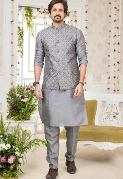 Embroidered Art Silk Nehru Jacket in Grey