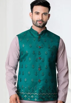 Embroidered Art Silk Nehru Jacket in Teal Green