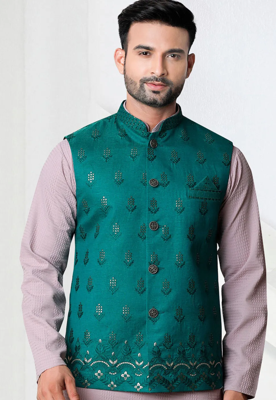 Embroidered Art Silk Nehru Jacket in Teal Green