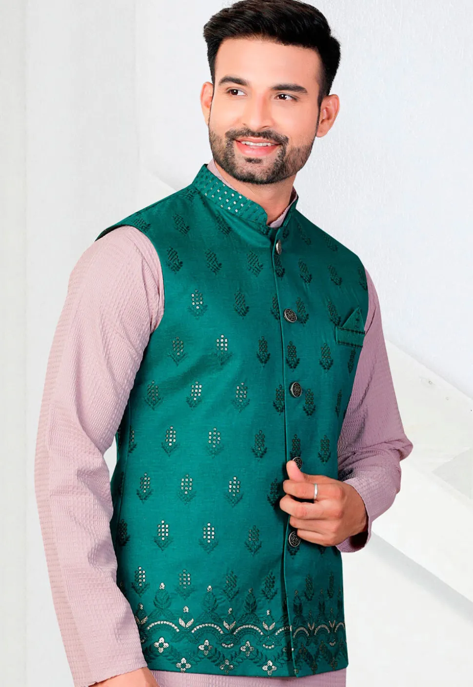 Embroidered Art Silk Nehru Jacket in Teal Green