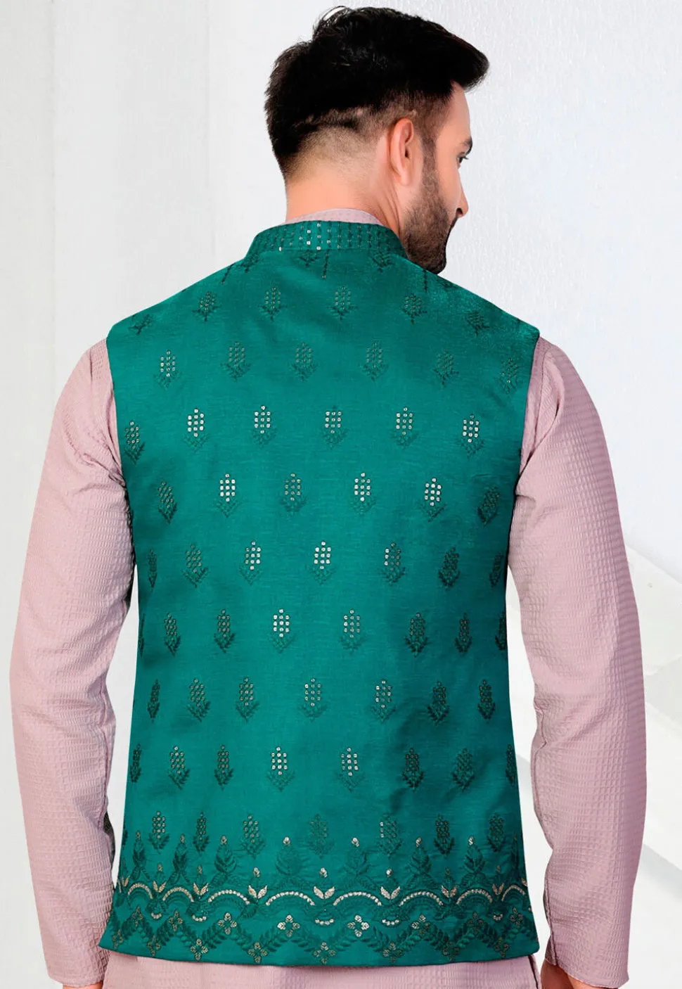 Embroidered Art Silk Nehru Jacket in Teal Green