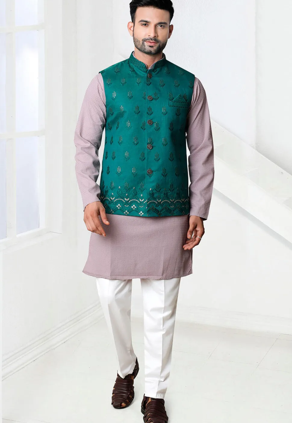 Embroidered Art Silk Nehru Jacket in Teal Green