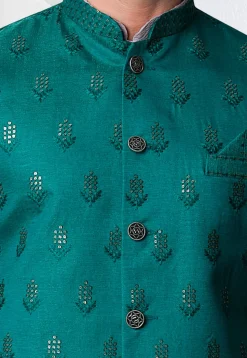 Embroidered Art Silk Nehru Jacket in Teal Green
