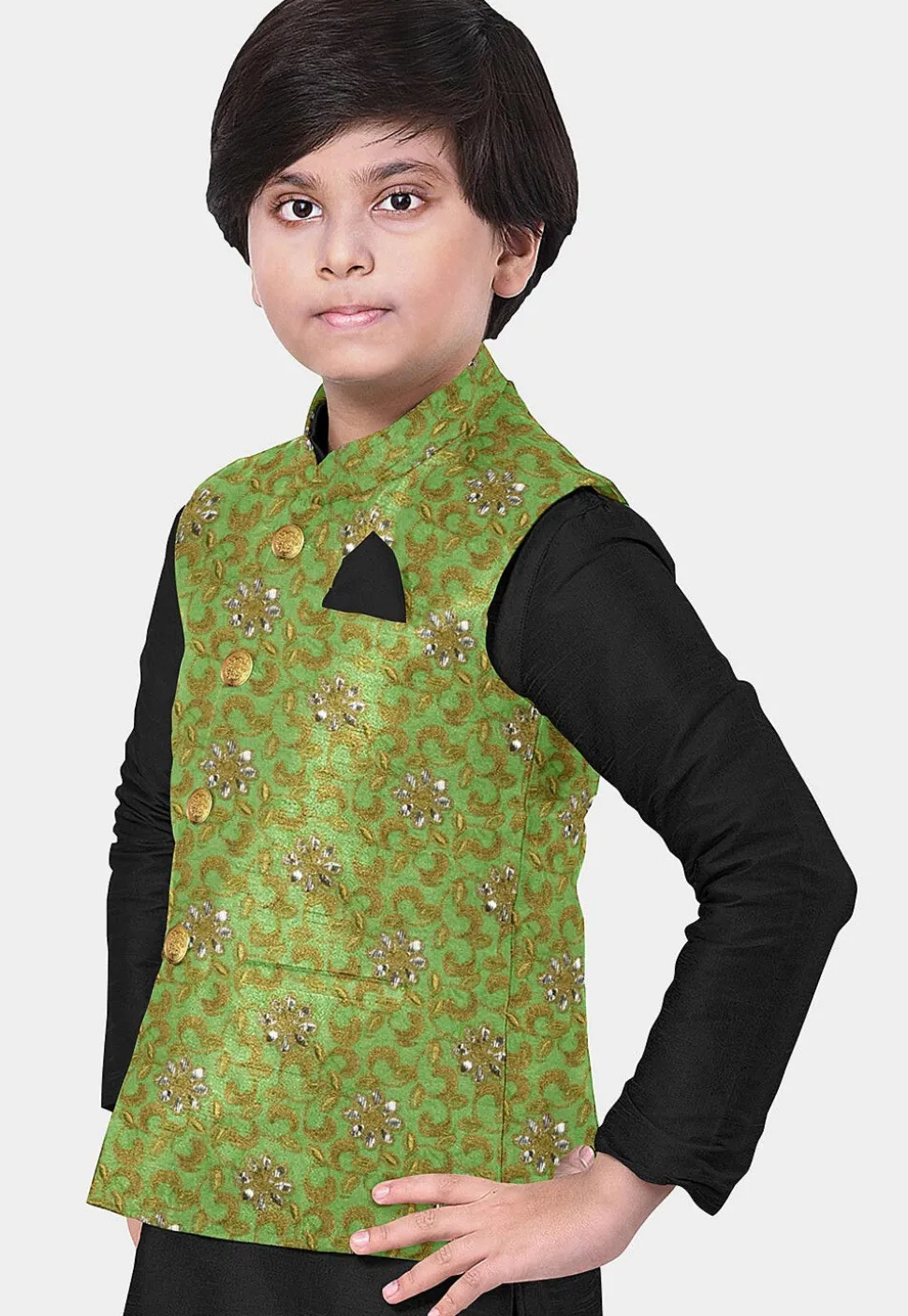 Embroidered Art Silk Nehru Jacket in Green