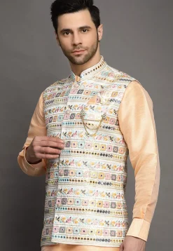 Embroidered Art Silk Nehru Jacket in Light Beige