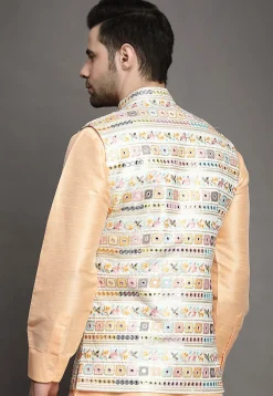 Embroidered Art Silk Nehru Jacket in Light Beige