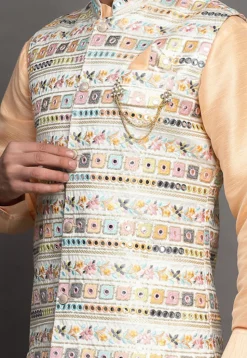 Embroidered Art Silk Nehru Jacket in Light Beige