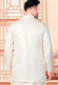 Embroidered Art Silk Nehru Jacket in Off White
