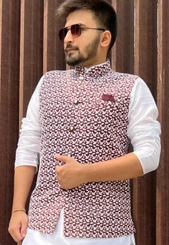 Embroidered Art Silk Nehru Jacket in Maroon