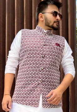 Embroidered Art Silk Nehru Jacket in Maroon