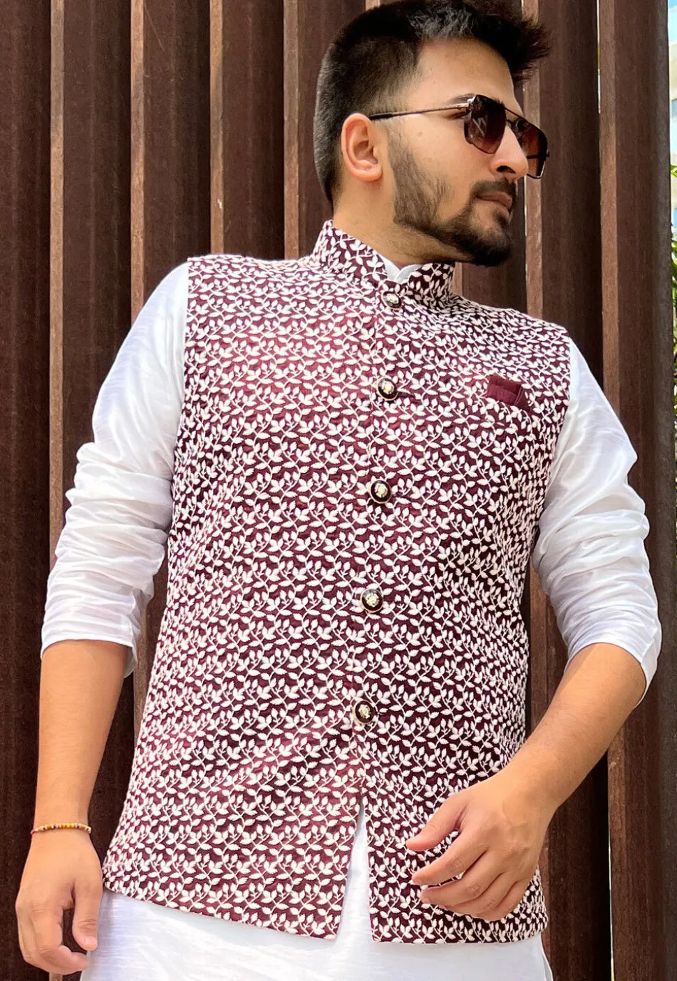 Embroidered Art Silk Nehru Jacket in Maroon