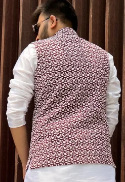 Embroidered Art Silk Nehru Jacket in Maroon